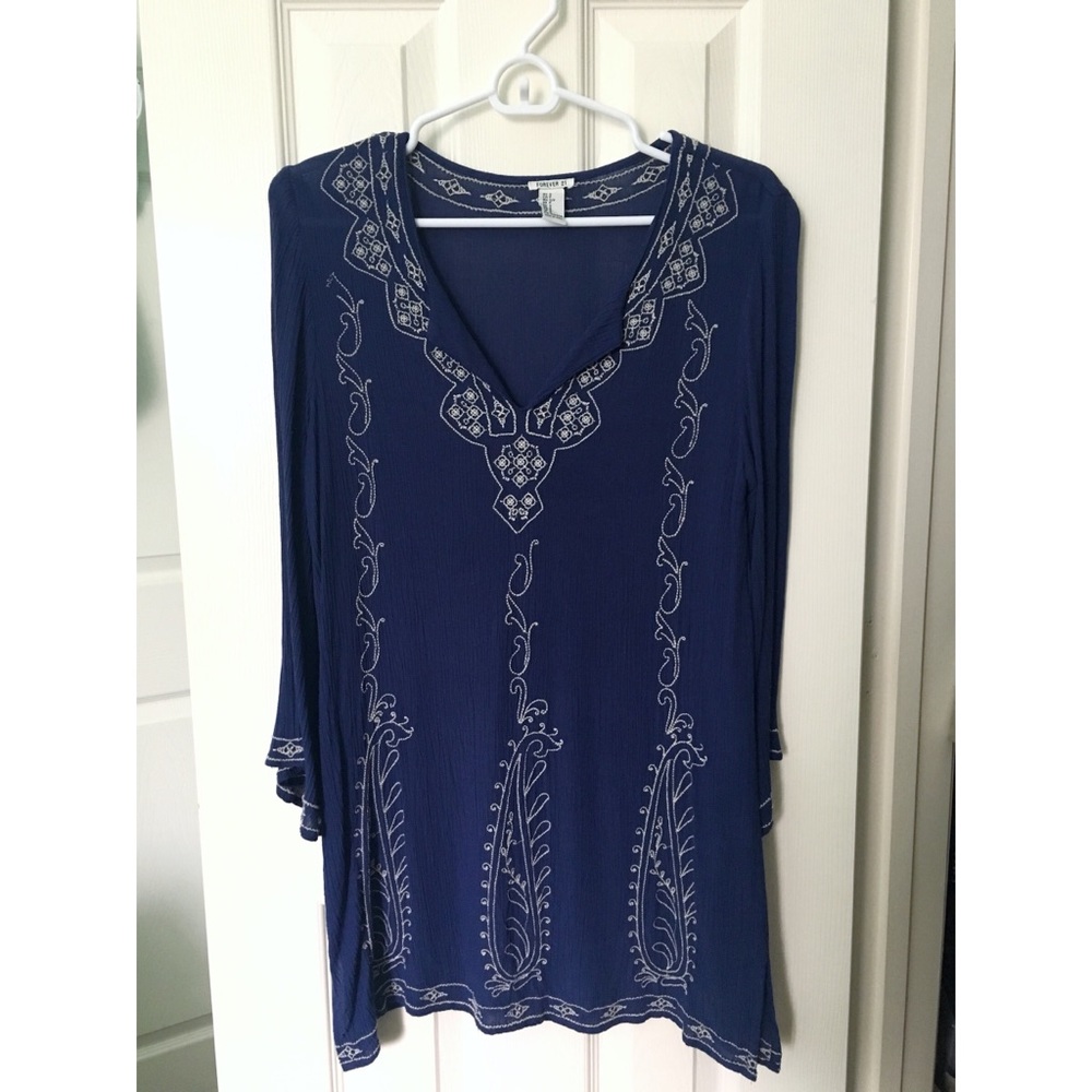 Embroidered Blue Tunic Dress / Top Long Sleeve